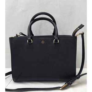 Tory Burch Robinson Black Leather Double Handles Zipper Satchel Bag